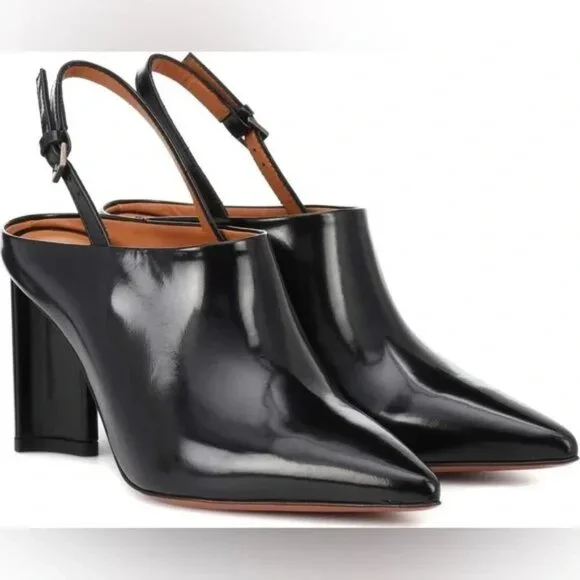 ROBERT CLERGERIE Kyra Spazzolato Slingback Patent Leather Mule Heels Black 7.5